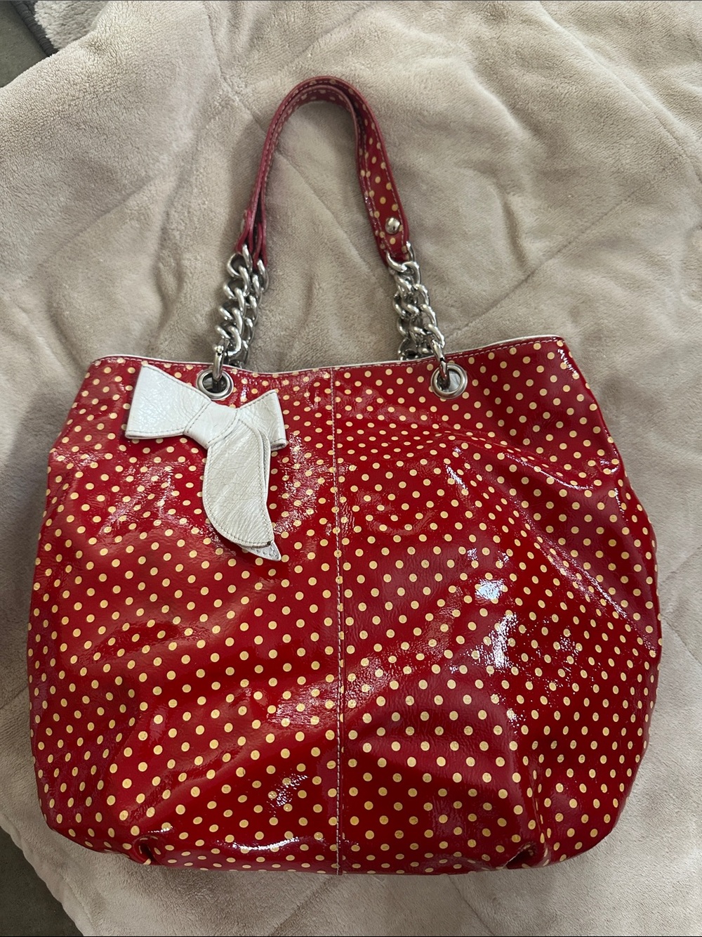 Roberta Gandolfi Red Polka Dot Patent Hobo Bag with White Bow Accent